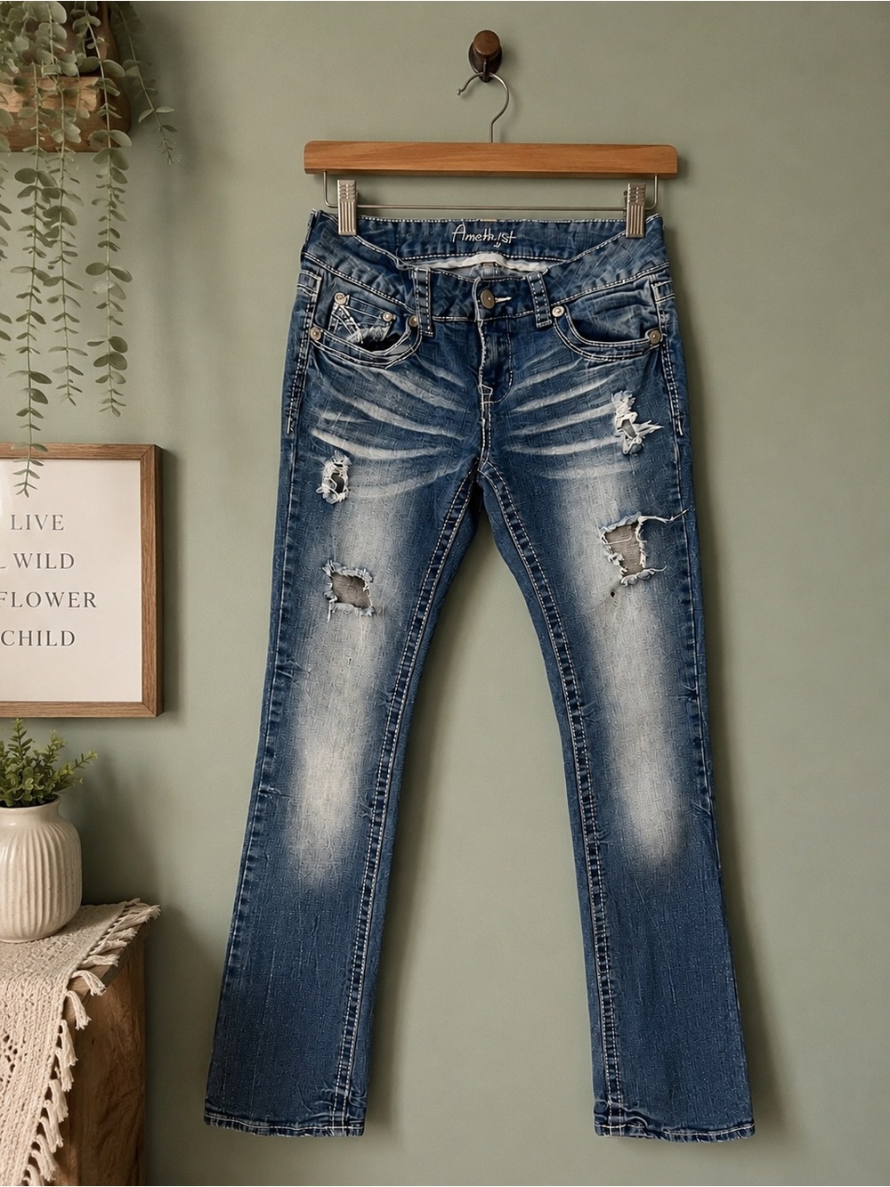 Amethyst Jeans Women's Distressed Classic Blue Straight Leg Jeans